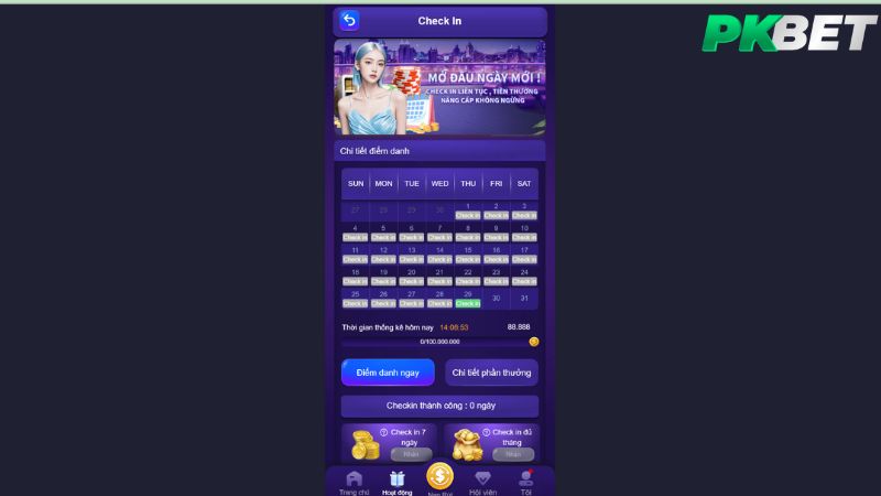 Check-in nhận ưu đãi ngập tràn chỉ có trên PKBET